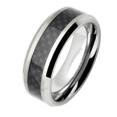 8mm Black Carbon Fiber Beveled Edge Tungsten Carbide Satin Ring