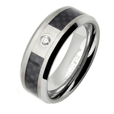 Black Carbon Fiber Tungsten Carbide Beveled Edge CZ Ring