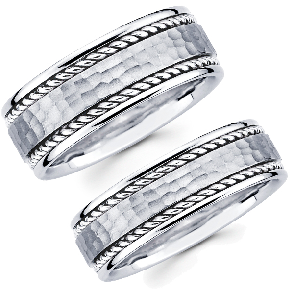 Matching His Hers 14K White Gold Hammer Cord Wedding Band Set