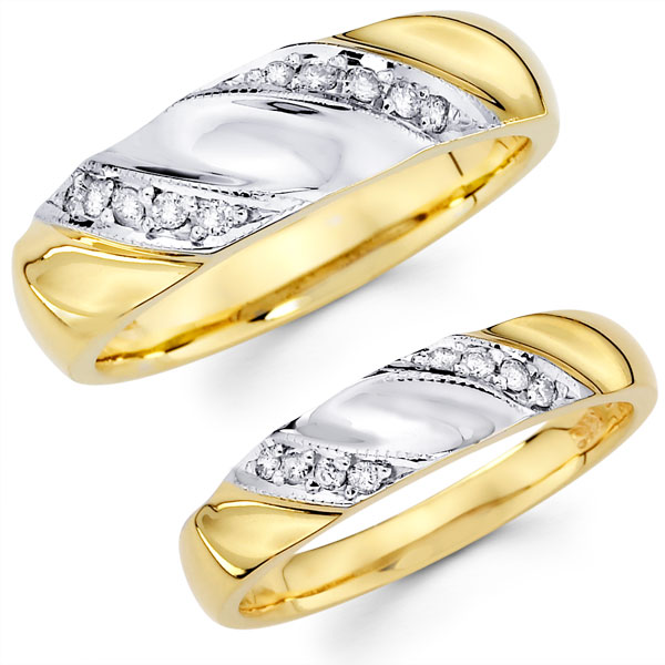 Diamond 14K Two Tone Bride  Groom Matching Wedding Bands