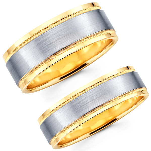 Contemporary Brushed 14K Two Tone Matching Wedding Bands