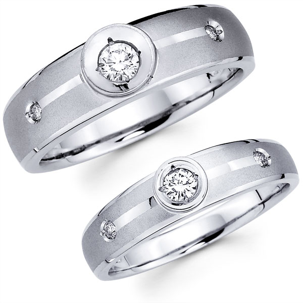Three Diamond 14K Bezel Set Matching Wedding Rings