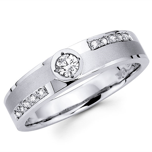 14K White Gold Round Diamond Mens Wedding Ring