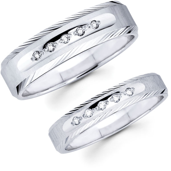 14K White Gold Diamond Carved Edge Wedding Bands Set