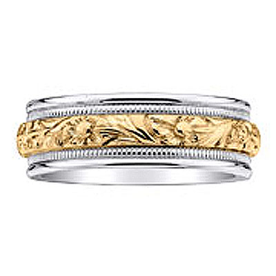 8mm Floral Carved 18K Two Tone Wedding Ring