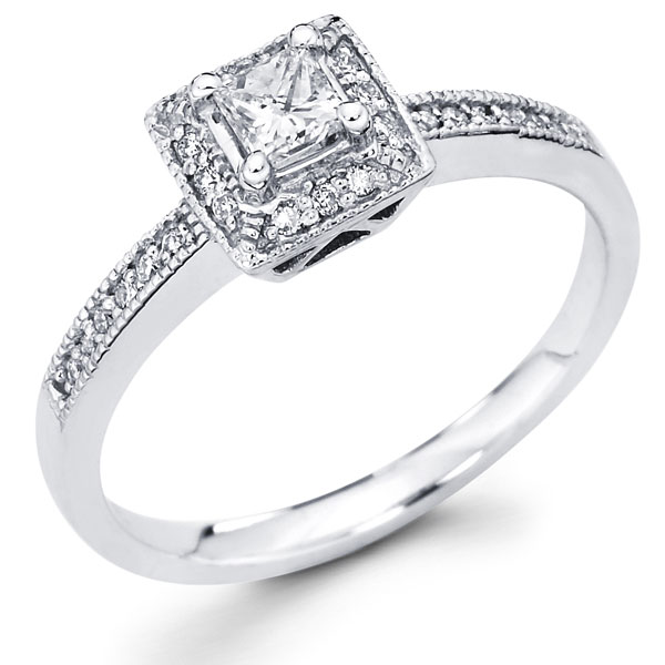 14K White Gold Princess Diamond Halo Engagement Ring 0.33 ctw