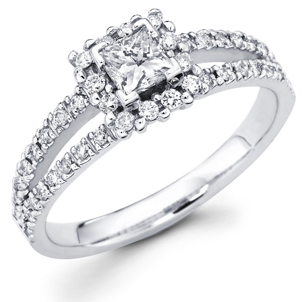 14K Princess Diamond Split Shank Designer Halo Engagement Ring 0.75 ctw