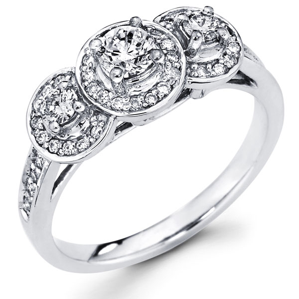 14K White Gold Round Three Stone Designer Engagement Ring 0.63 ctw