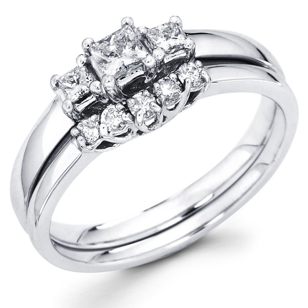 14K Gold Three Stone Diamond Bridal Ring Set 0.45 ctw