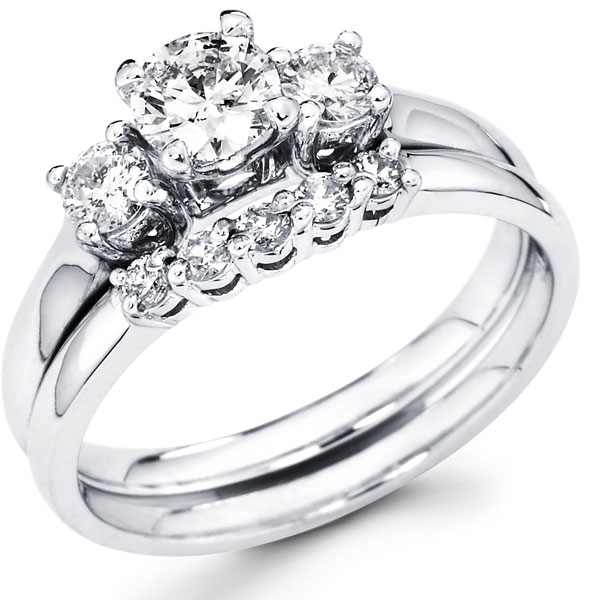 Three Stone Round Diamond Engagement Wedding Ring Set 0.85 ctw