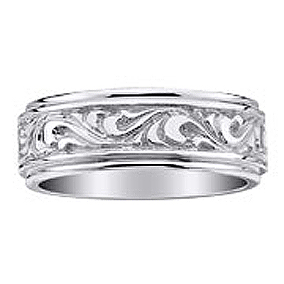 Floral Wedding Bands on 8mm Floral Carved 14k White Gold Wedding Band