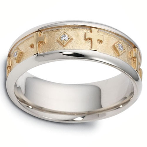 0.08 tcw 18K Two Tone Gold Diamond Cross Dora Wedding Band