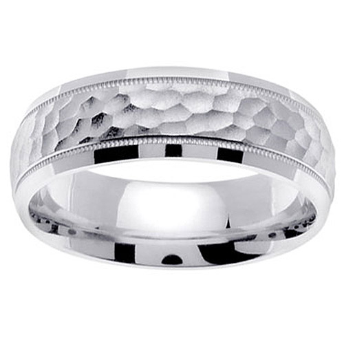 Hammer Finish 14K White Gold Milgrain Wedding Band