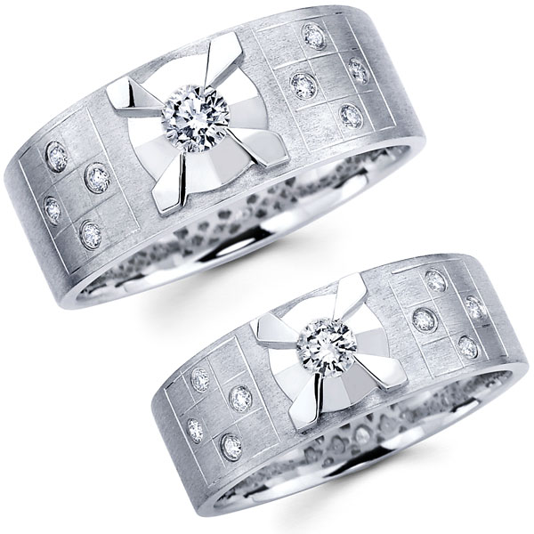14K Checker Pattern Round Diamond Matching Wedding Bands
