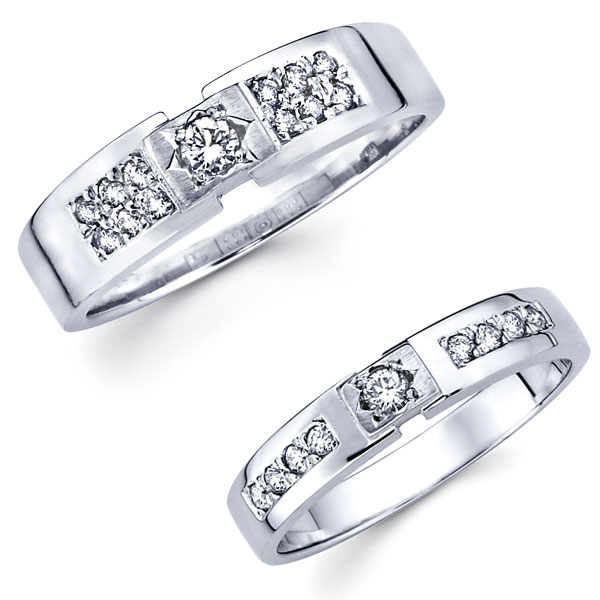 Matching 14K White Gold Diamond Designer Couples Wedding Band