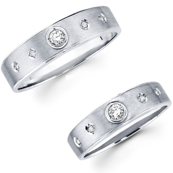 Round Diamond Bezel Set Contemporary Matching Wedding Bands