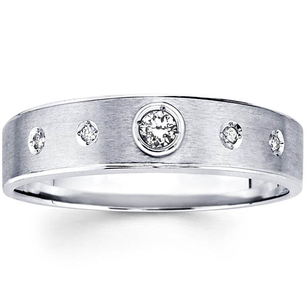 14K White Gold Bezel Set Diamond Brushed Wedding Ring