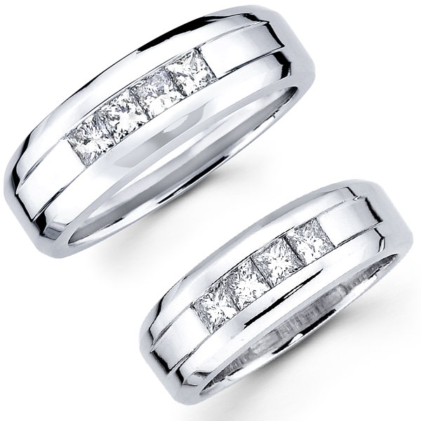 14K White Gold Princess Diamond Channel Matching Wedding Bands