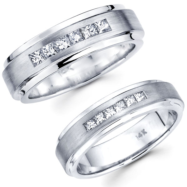 14K Satin Polish Princess Diamond Matching Wedding Rings