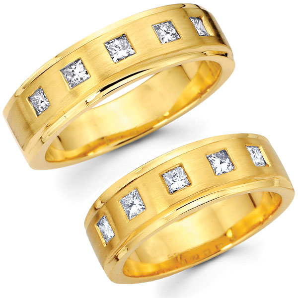 14K Yellow Gold Princess Bezel Set Diamond Wedding Bands