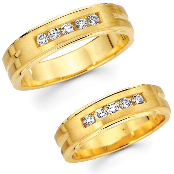 14K Yellow Gold Channel Set Diamond His and Hers Wedding Band