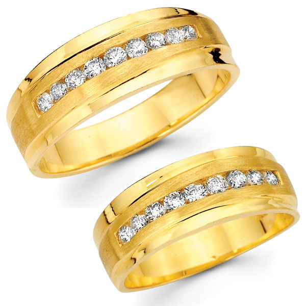 14K Yellow Gold Channel Set Round Diamond Wedding Ring Set