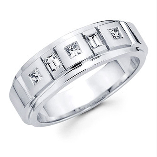 0.43ctw Princess and Baguette Cut 14K White Gold Mens Diamond Ring
