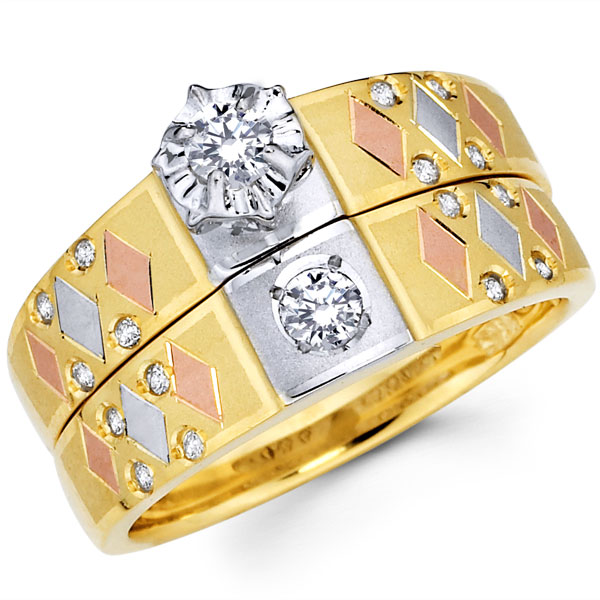 14K Tri Color Round Diamond Wedding Set