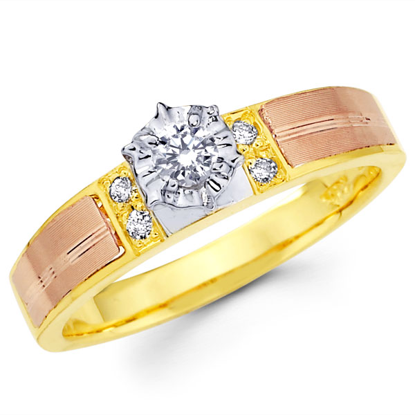 Tri Color Gold 14K Round Diamond Engagement Ring