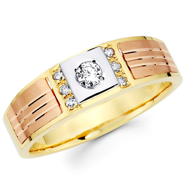 Mens Round Diamond 14K Tri Color Gold Wedding Band