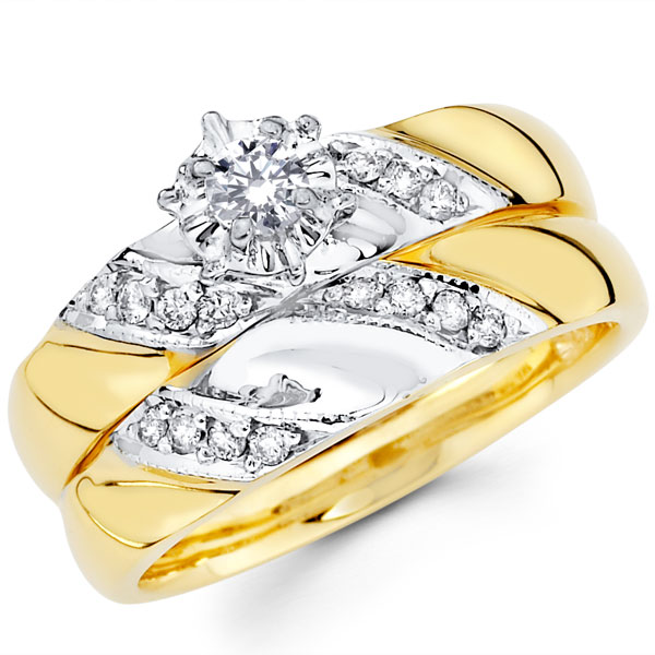 14K Two Tone Round Diamond Engagement Wedding Band Set