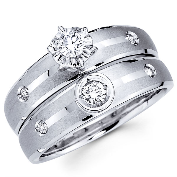 Round Diamond Bezel Sidestone 14K White Gold Bridal Set