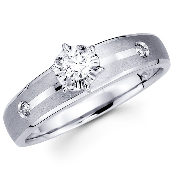 Round Diamond Bezel Sidestone 14K White Gold Engagement Ring
