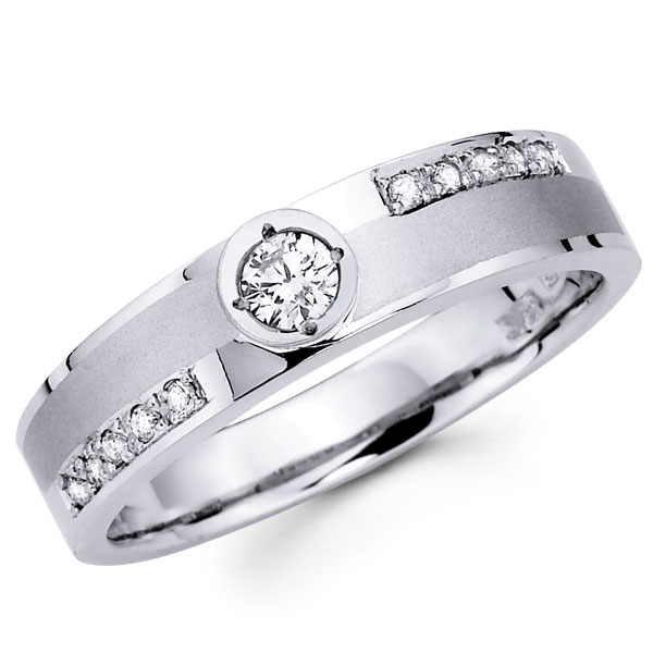 14K White Gold Round Diamond Mens Wedding Ring