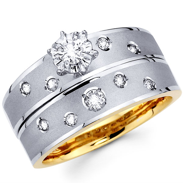 14K Two Tone Textured Round Diamond Matching Wedding Set
