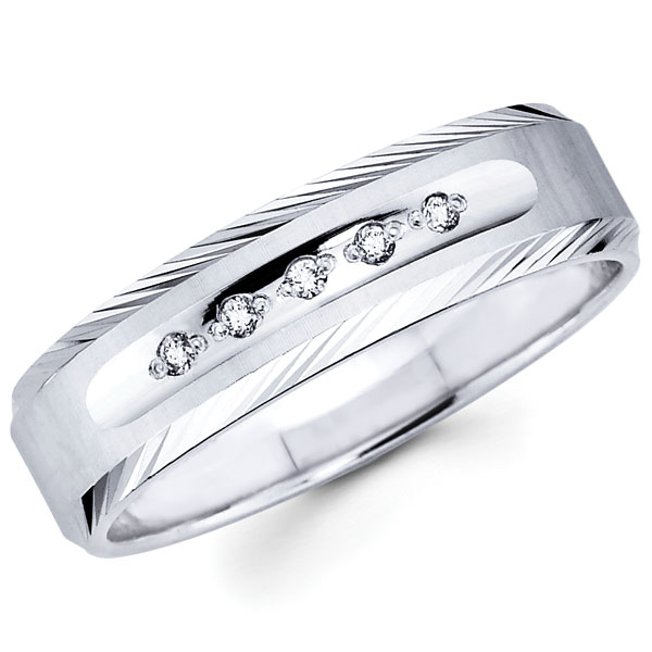 Textured Edge 14K White Gold Diamond Mens Wedding Ring