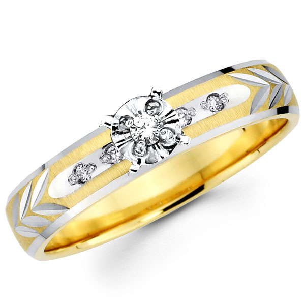 Textured Leaf Pattern 14K Two Tone Diamond Engagement Ring