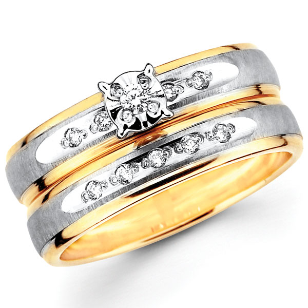 Textured Two Tone Round Diamond 14K Wedding Band Engagement Set