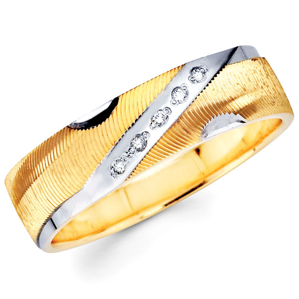 Striped Textured 14K Two Tone Gold Diamond Wedding Band