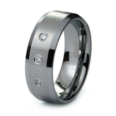 Three Stone Diamond Bezel Tungsten Wedding Band