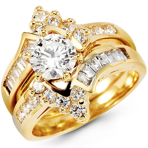 14K Yellow Gold Round Center CZ Wedding Ring Set