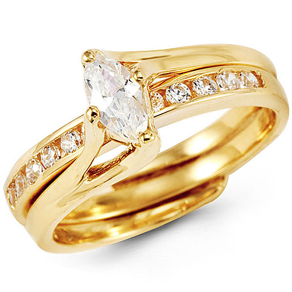 14k Yellow Gold White CZ Marquise Center Wedding Ring Set