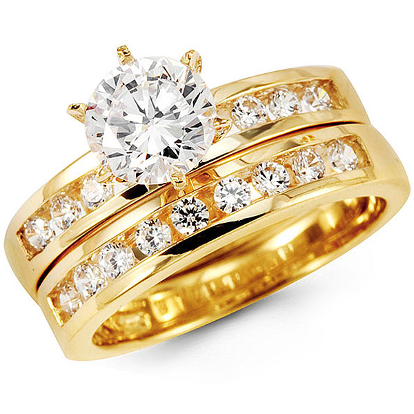 14k Yellow Gold Round CZ Engagement Ring Set