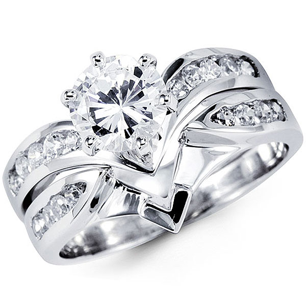 14k White Gold Round CZ Wedding Ring Set