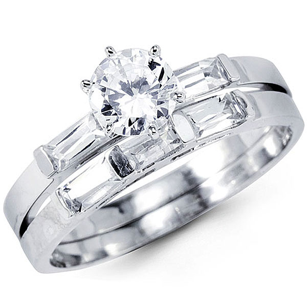 14k White Gold Round Baguette CZ Engagement Ring Set