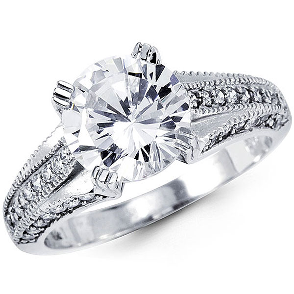 14K Round CZ Antique Pave Beaded Engagement Ring