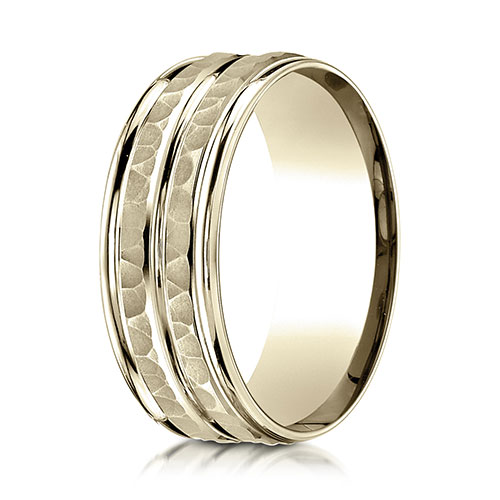 7.5mm 14K Yellow Gold Double Hammered Center Benchmark Wedding Band