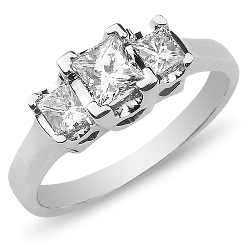 14K White Gold 3 Stone Princess Cut Hearts Engagement Ring
