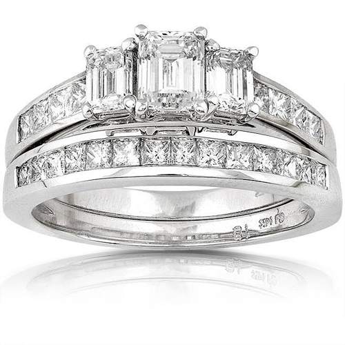 3 Stone Emerald Cut Engagement Ring Set 2.00 ctw