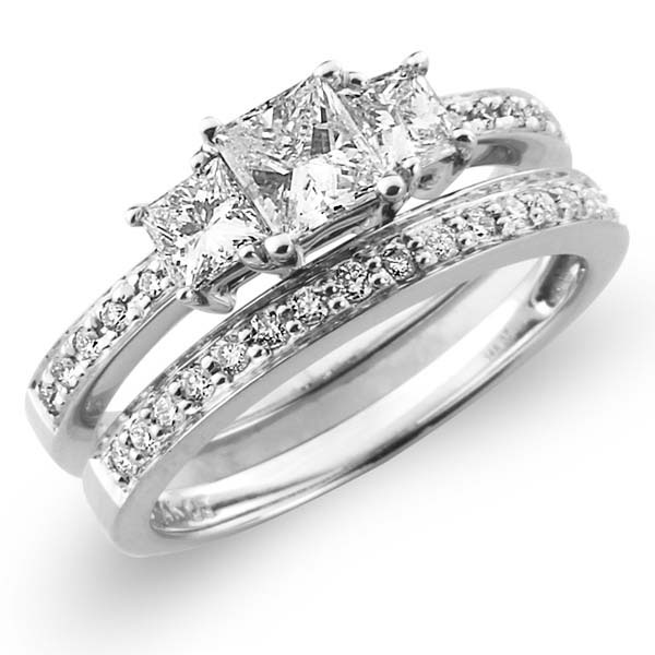 Three Stone 14K Bridal Engagement Wedding Ring Set 0.92 ctw